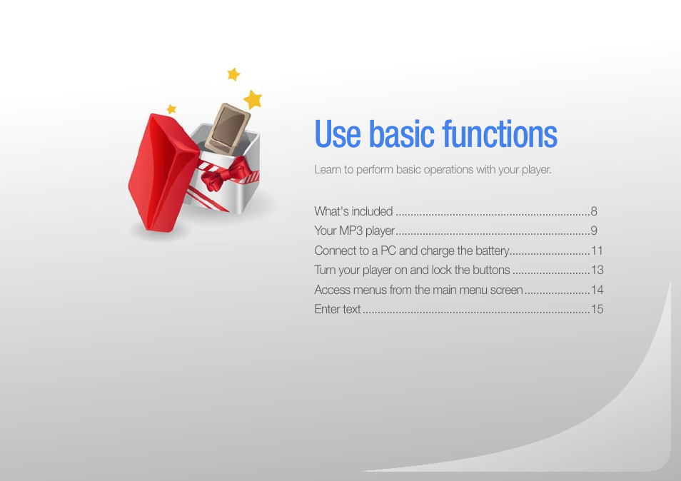 Use basic functions | Samsung YP-R0JCS-XAA User Manual | Page 9 / 65