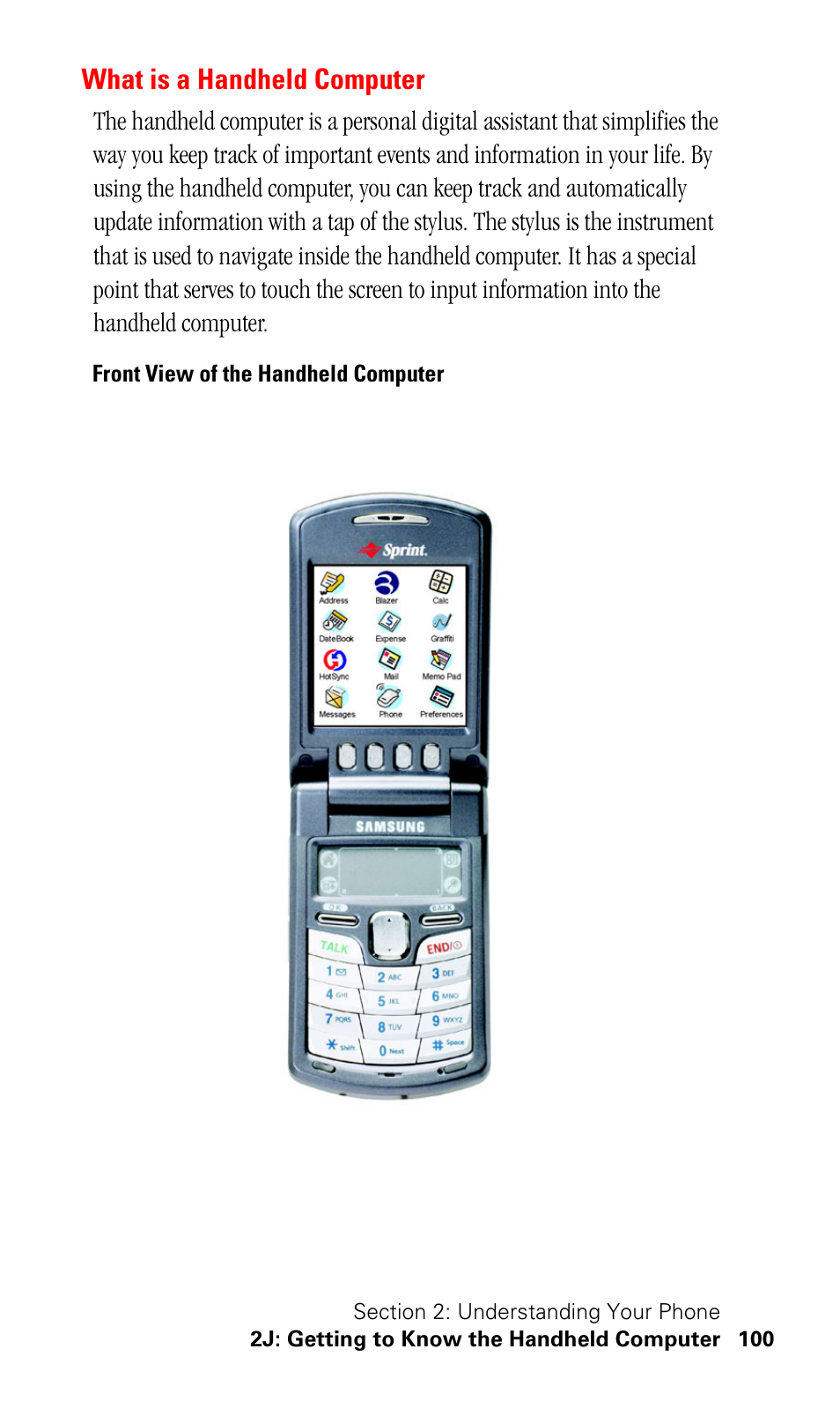What is a handheld computer, Front view of the handheld computer | Samsung SPH-I500SS-XAR User Manual | Page 103 / 218
