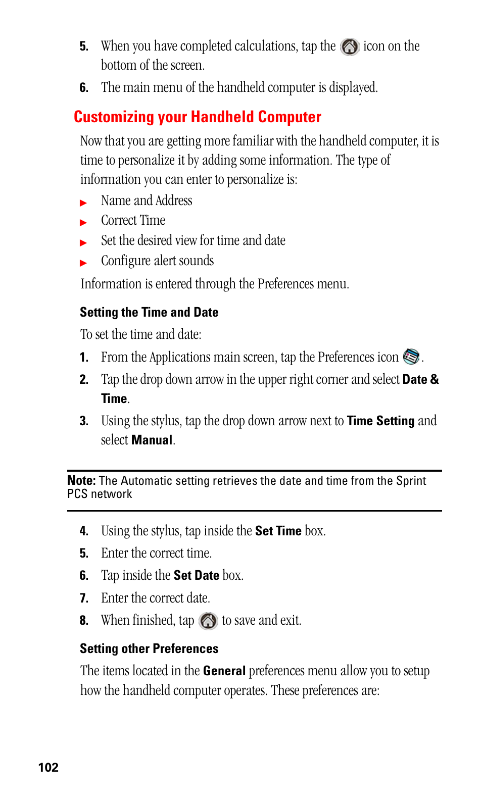 Customizing your handheld computer, Setting the time and date, Setting other preferences | Samsung SPH-I500SS-XAR User Manual | Page 105 / 218