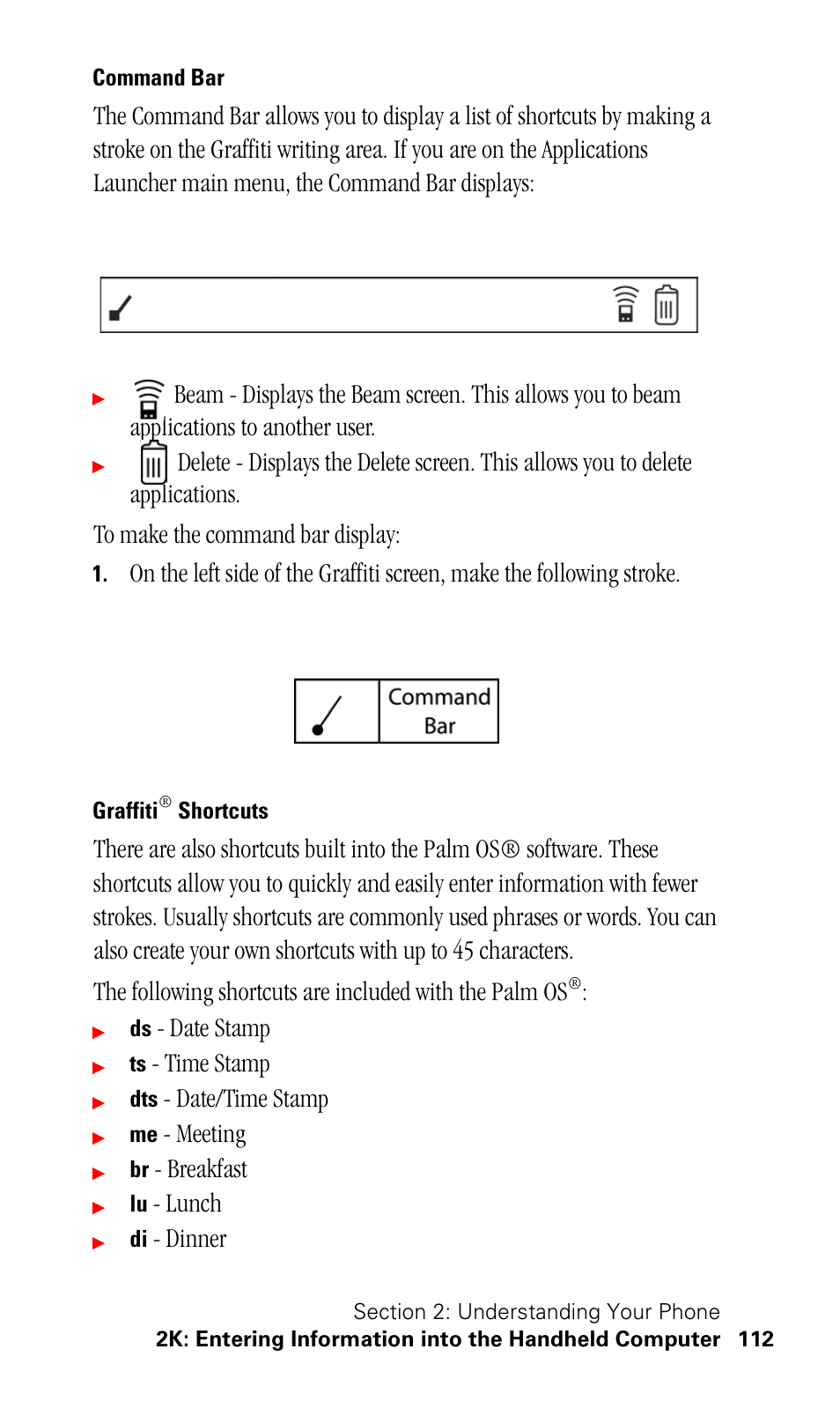 Command bar, Graffiti® shortcuts, Date stamp | Time stamp, Date/time stamp, Meeting, Breakfast, Lunch, Dinner | Samsung SPH-I500SS-XAR User Manual | Page 115 / 218