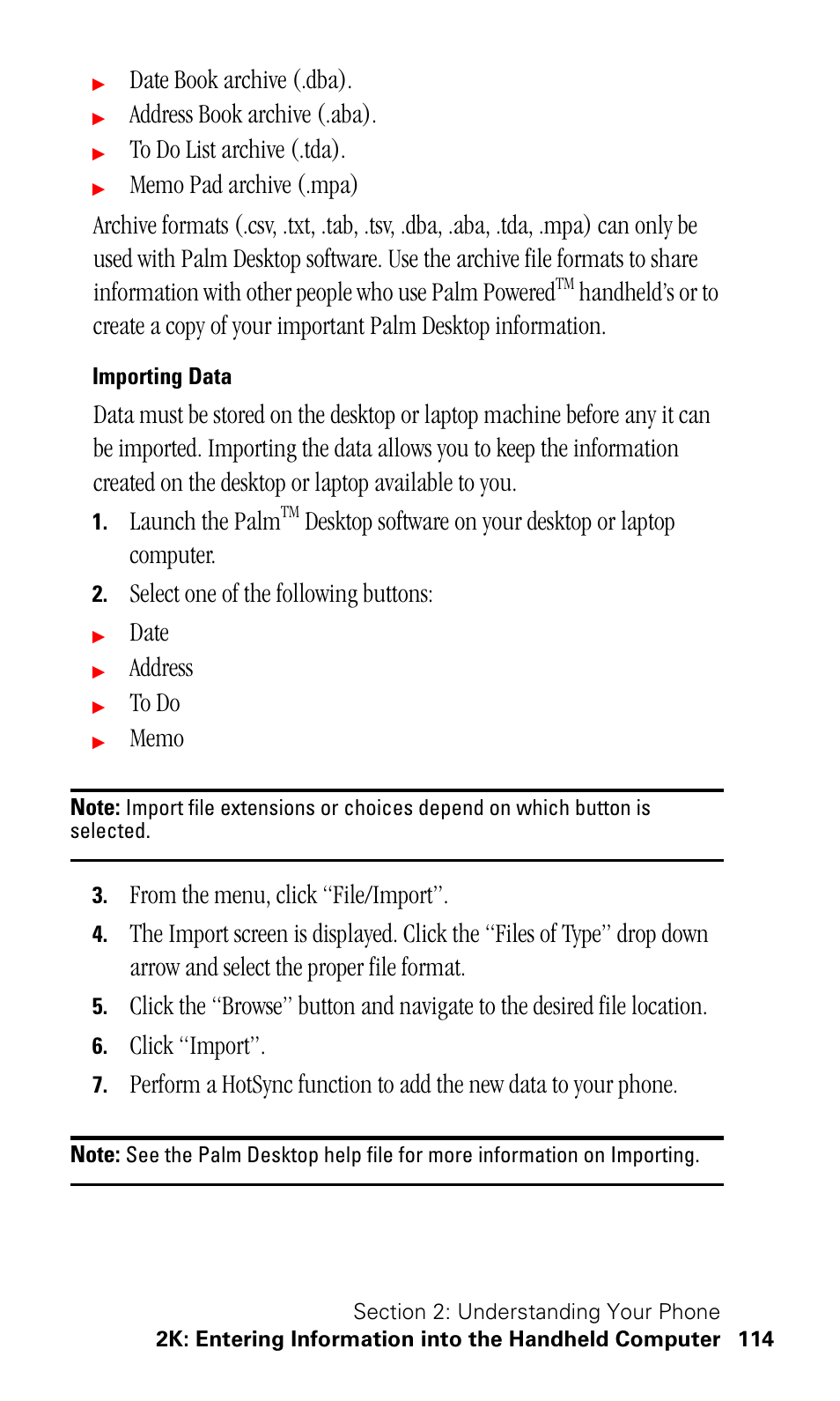 Importing data, Date book archive (.dba), Address book archive (.aba) | Launch the palm, Select one of the following buttons, Date, Address, Click “import | Samsung SPH-I500SS-XAR User Manual | Page 117 / 218