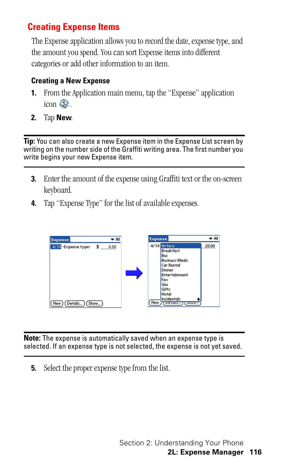 Creating expense items, Creating a new expense | Samsung SPH-I500SS-XAR User Manual | Page 119 / 218