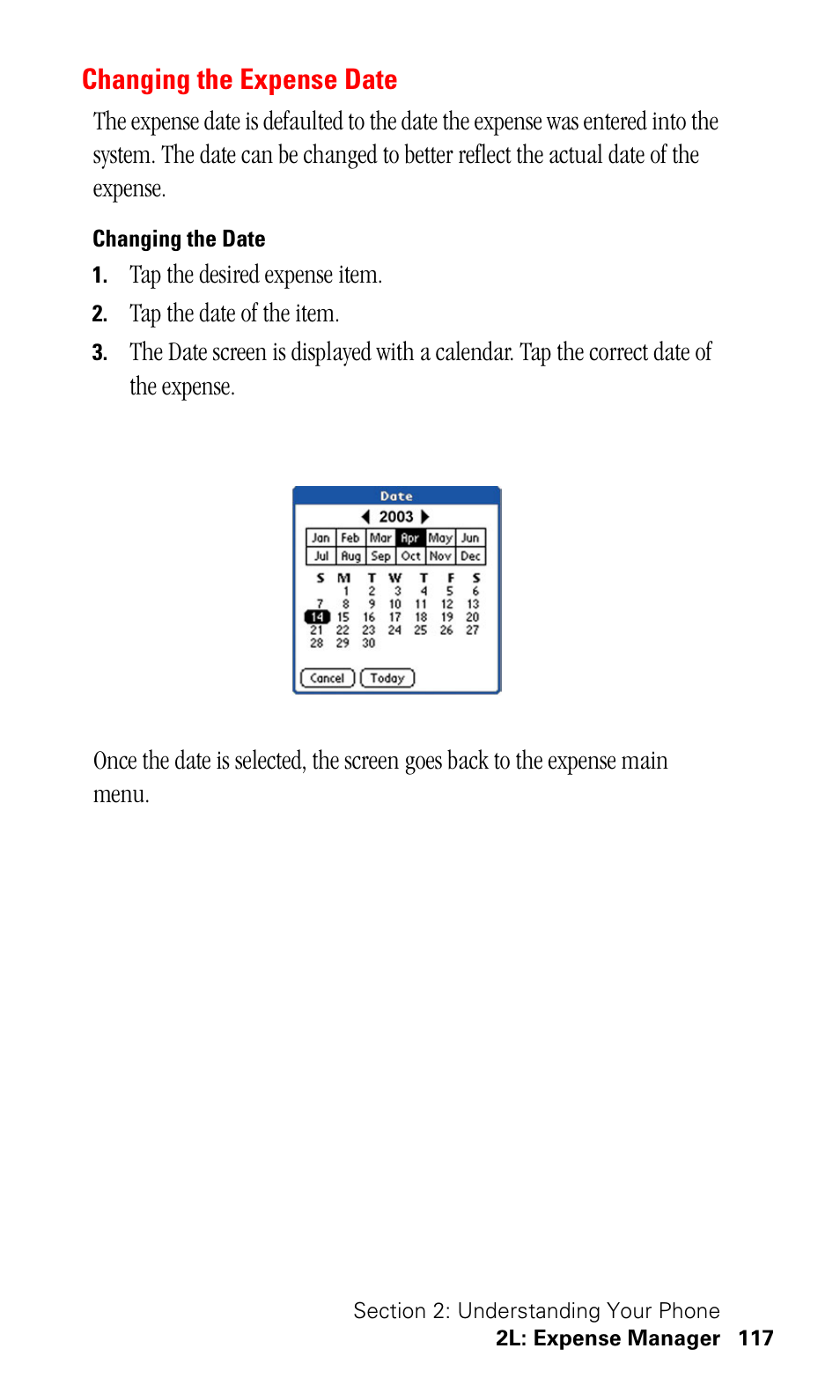 Changing the expense date, Changing the date | Samsung SPH-I500SS-XAR User Manual | Page 120 / 218