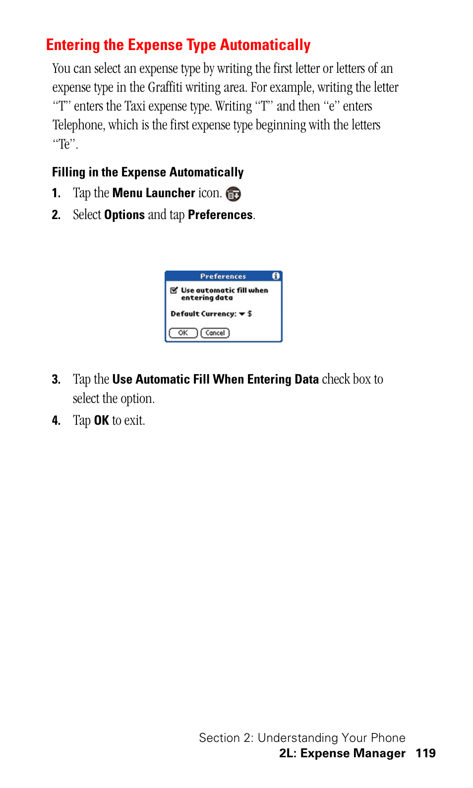 Entering the expense type automatically, Filling in the expense automatically | Samsung SPH-I500SS-XAR User Manual | Page 122 / 218