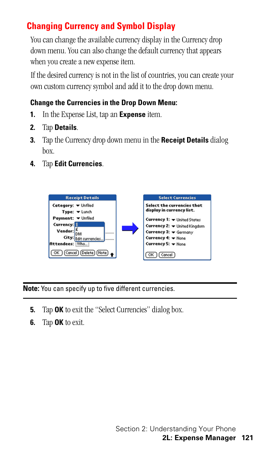 Changing currency and symbol display, Change the currencies in the drop down menu | Samsung SPH-I500SS-XAR User Manual | Page 124 / 218