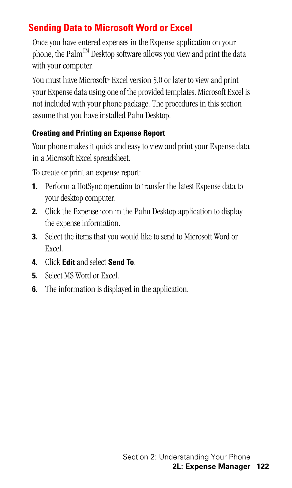 Sending data to microsoft word or excel, Creating and printing an expense report | Samsung SPH-I500SS-XAR User Manual | Page 125 / 218