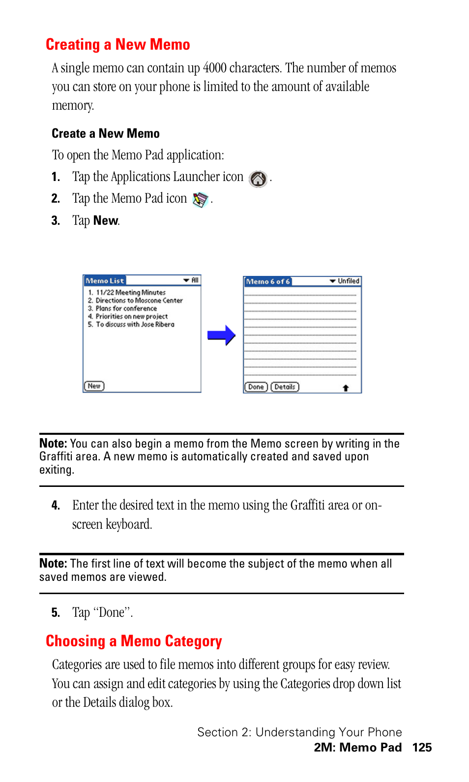 Creating a new memo, Create a new memo, Choosing a memo category | Samsung SPH-I500SS-XAR User Manual | Page 128 / 218