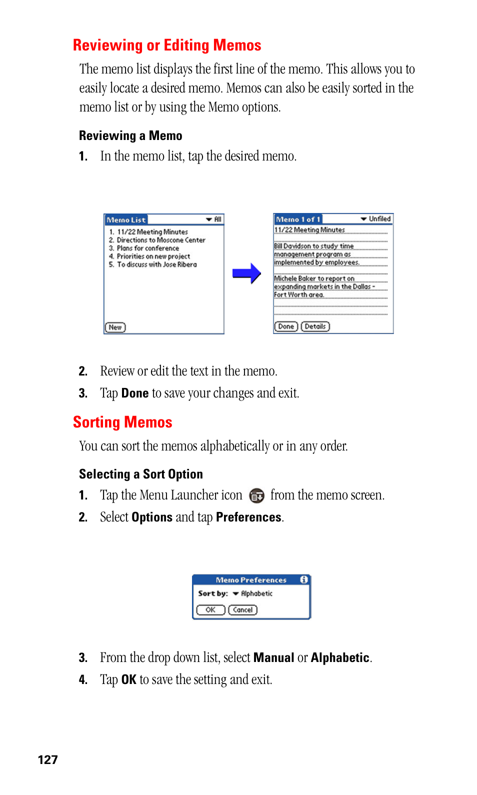 Reviewing or editing memos, Reviewing a memo, Sorting memos | Selecting a sort option | Samsung SPH-I500SS-XAR User Manual | Page 130 / 218