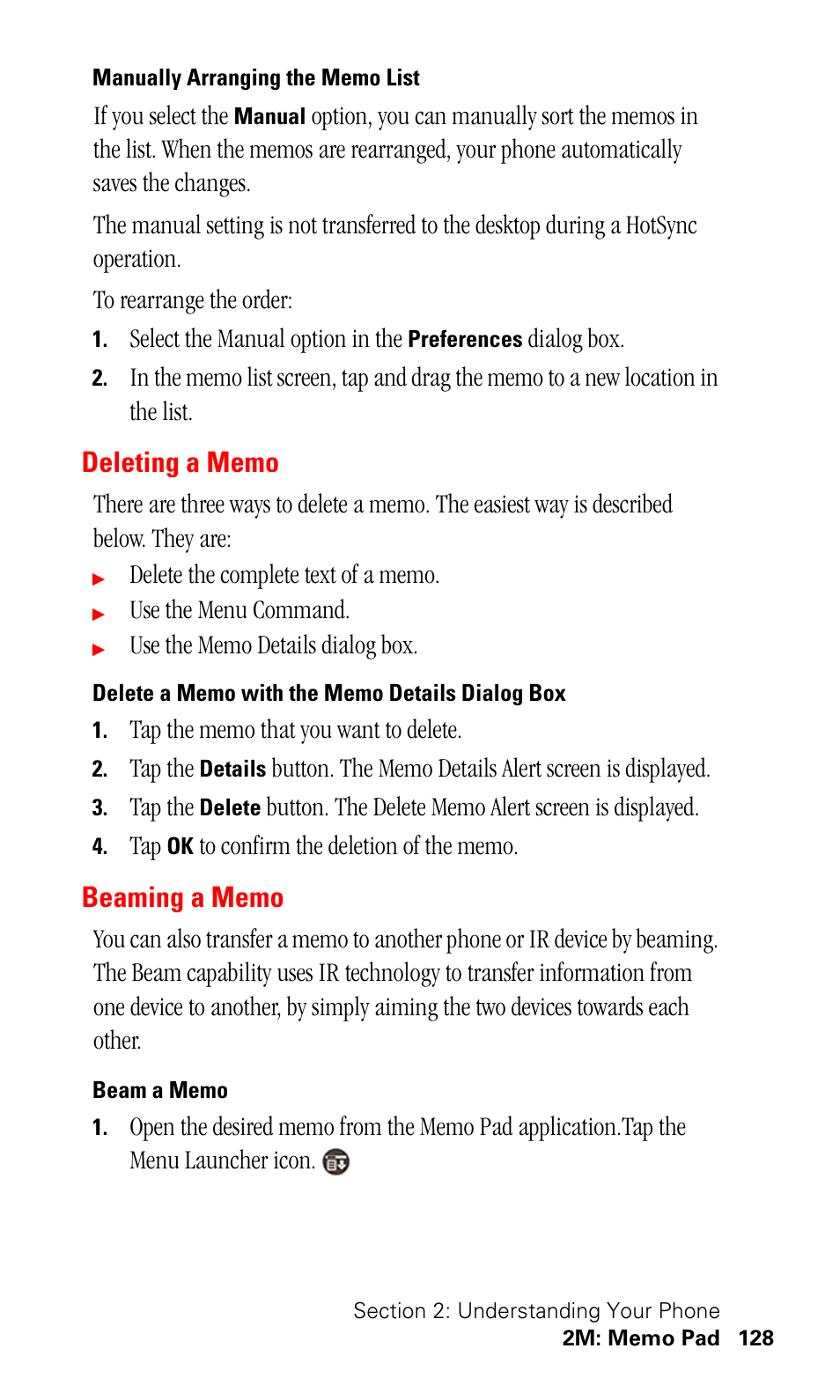 Manually arranging the memo list, Deleting a memo, Delete a memo with the memo details dialog box | Beaming a memo, Beam a memo | Samsung SPH-I500SS-XAR User Manual | Page 131 / 218