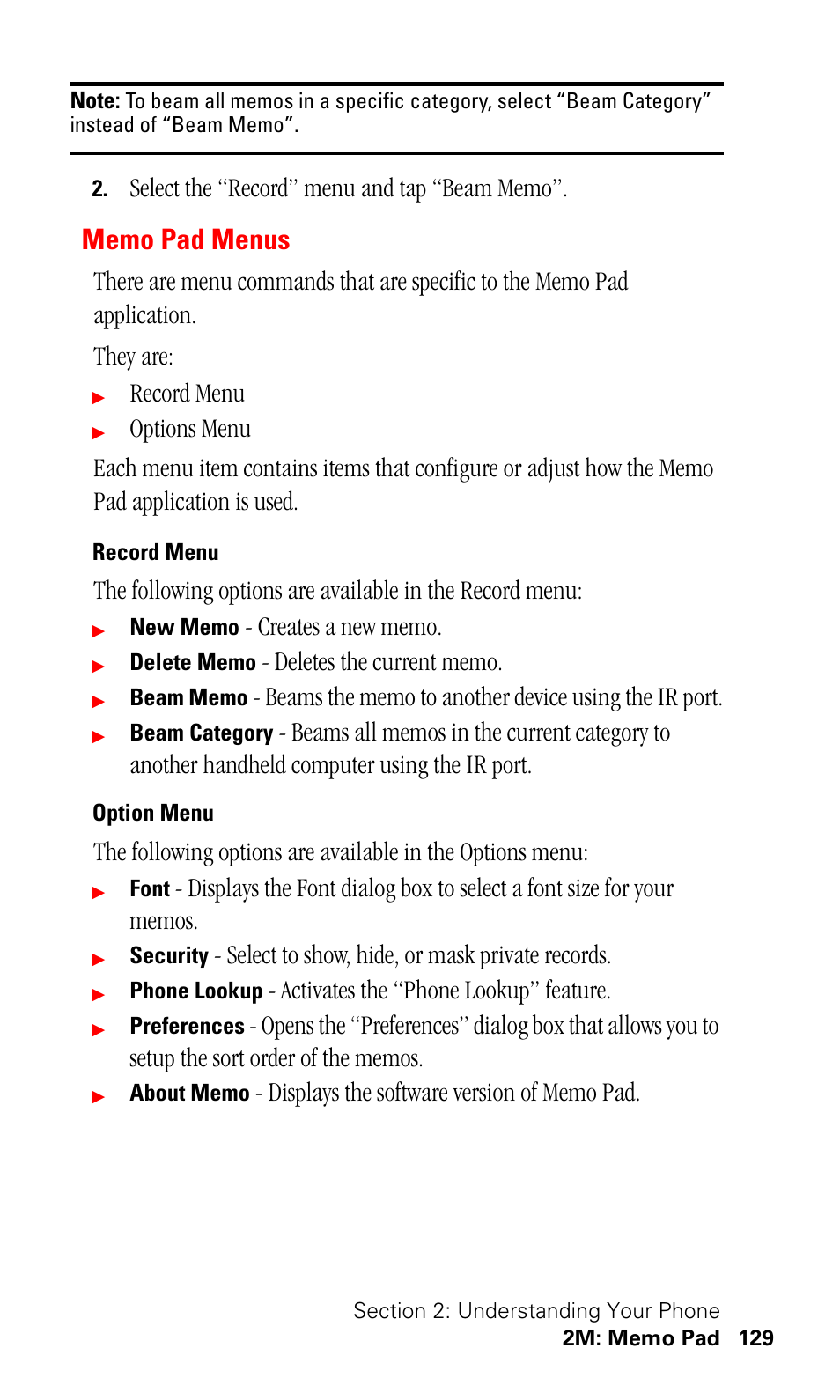 Memo pad menus, Record menu, Option menu | Select to show, hide, or mask private records, Activates the “phone lookup” feature | Samsung SPH-I500SS-XAR User Manual | Page 132 / 218