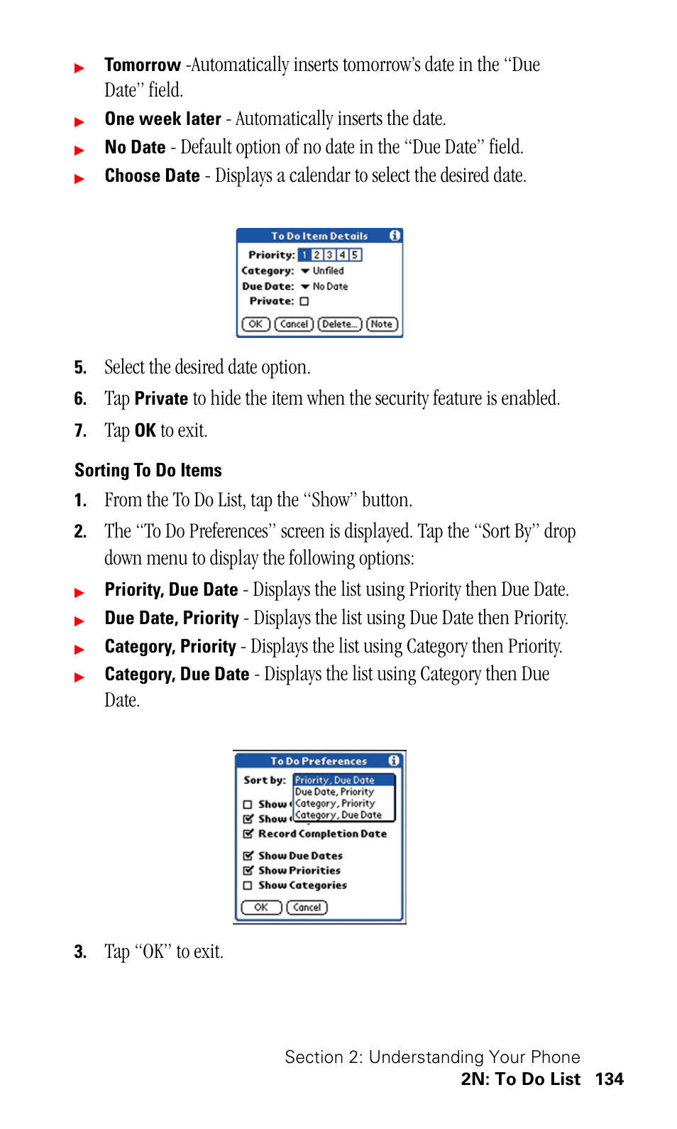 Sorting to do items, Automatically inserts the date, Default option of no date in the “due date” field | Displays a calendar to select the desired date, Select the desired date option, Displays the list using priority then due date, Displays the list using due date then priority, Displays the list using category then priority, Displays the list using category then due date, Tap “ok” to exit | Samsung SPH-I500SS-XAR User Manual | Page 137 / 218