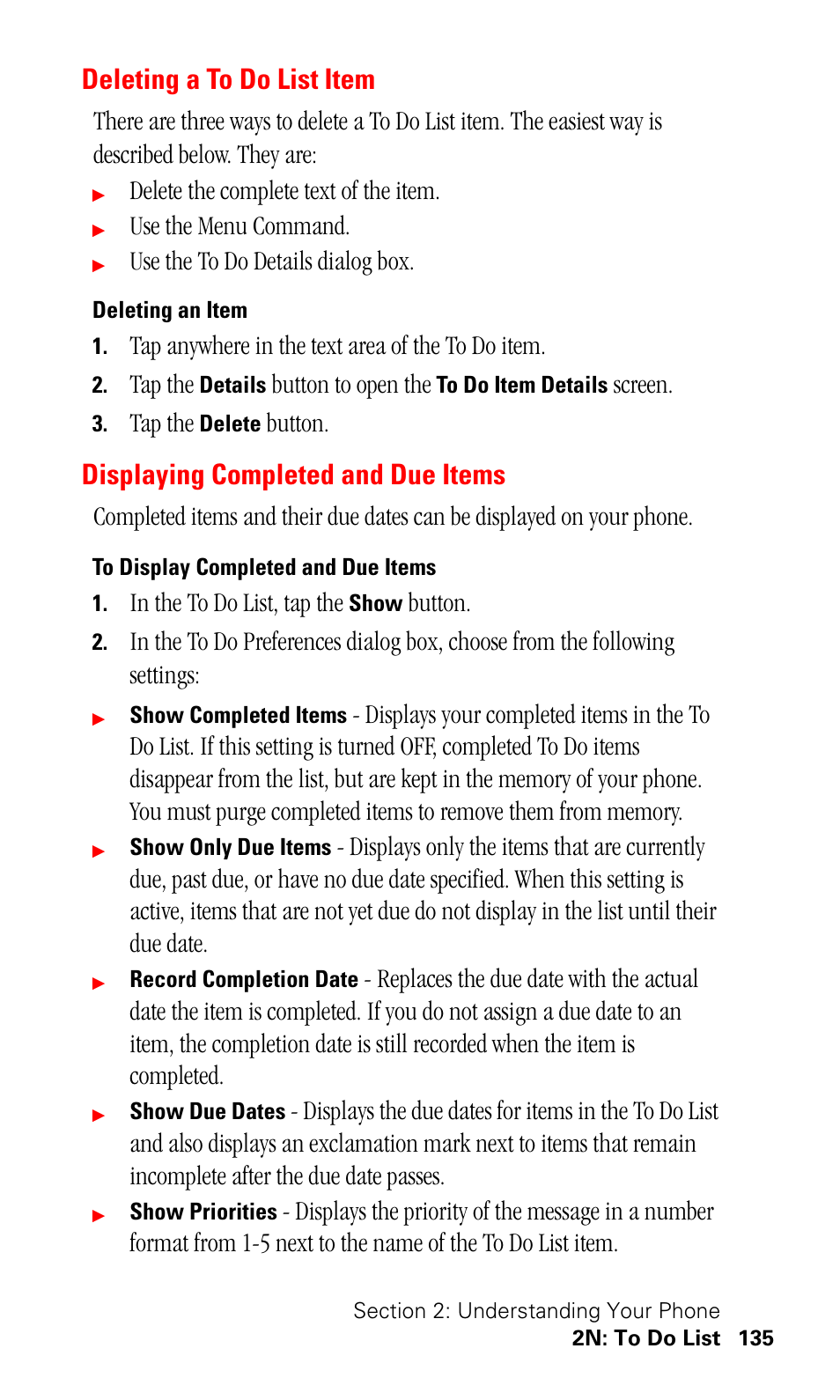 Deleting a to do list item, Deleting an item, Displaying completed and due items | To display completed and due items, Delete the complete text of the item, Use the menu command, Use the to do details dialog box, Tap anywhere in the text area of the to do item, Tap the, Button to open the | Samsung SPH-I500SS-XAR User Manual | Page 138 / 218
