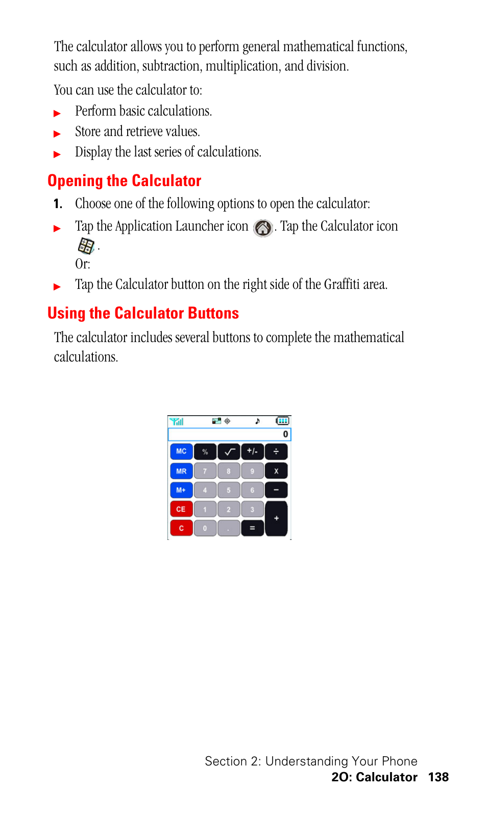 Opening the calculator, Using the calculator buttons, Perform basic calculations | Store and retrieve values, Display the last series of calculations | Samsung SPH-I500SS-XAR User Manual | Page 141 / 218