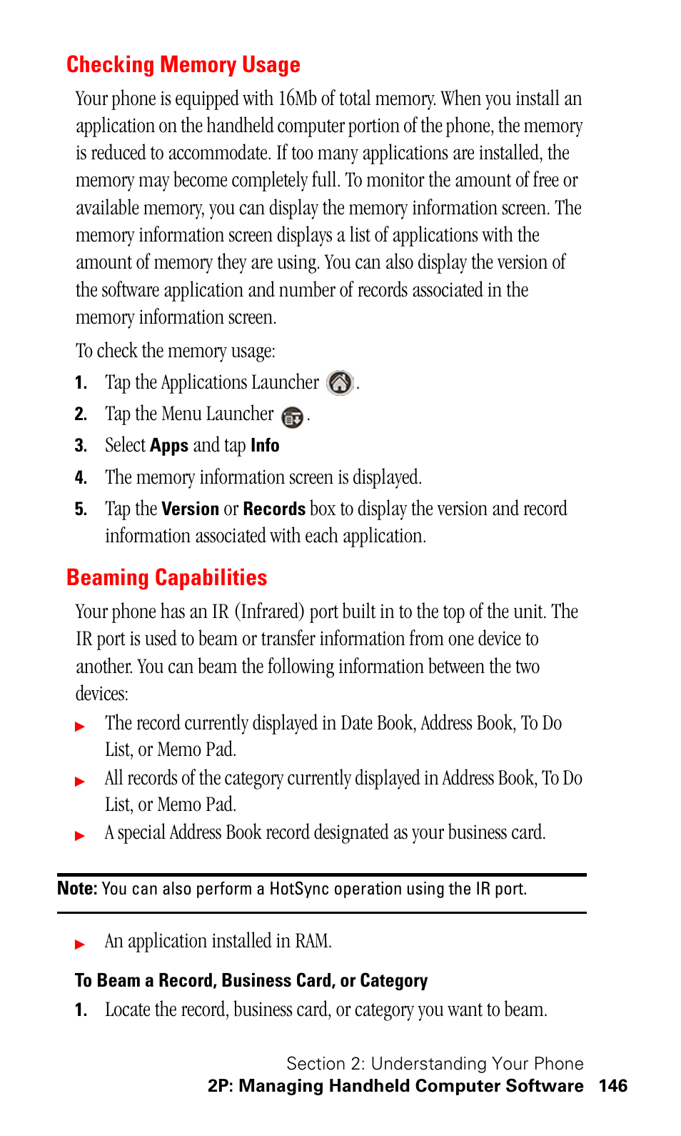 Checking memory usage, Beaming capabilities, To beam a record, business card, or category | Samsung SPH-I500SS-XAR User Manual | Page 149 / 218