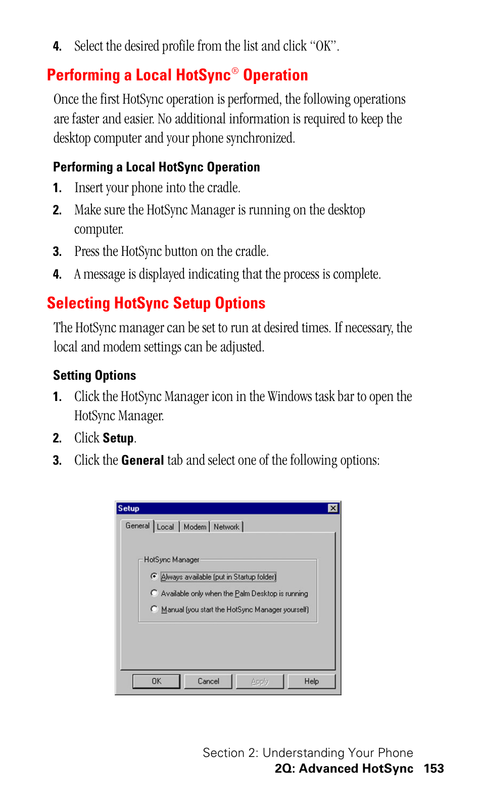 Performing a local hotsync® operation, Performing a local hotsync operation, Selecting hotsync setup options | Setting options, Performing a local hotsync, Operation | Samsung SPH-I500SS-XAR User Manual | Page 156 / 218