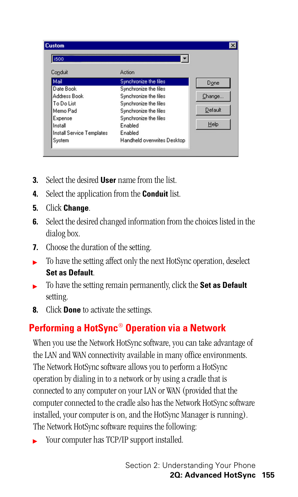 Performing a hotsync® operation via a network, Performing a hotsync, Operation via a network | Samsung SPH-I500SS-XAR User Manual | Page 158 / 218
