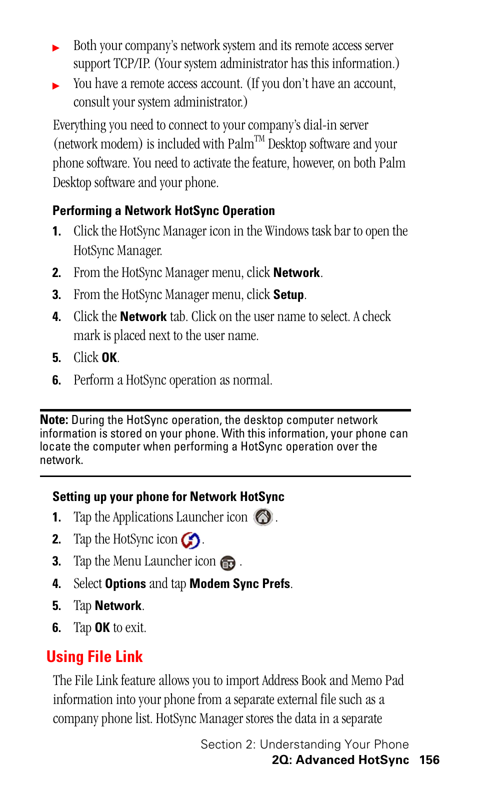 Performing a network hotsync operation, Setting up your phone for network hotsync, Using file link | Samsung SPH-I500SS-XAR User Manual | Page 159 / 218