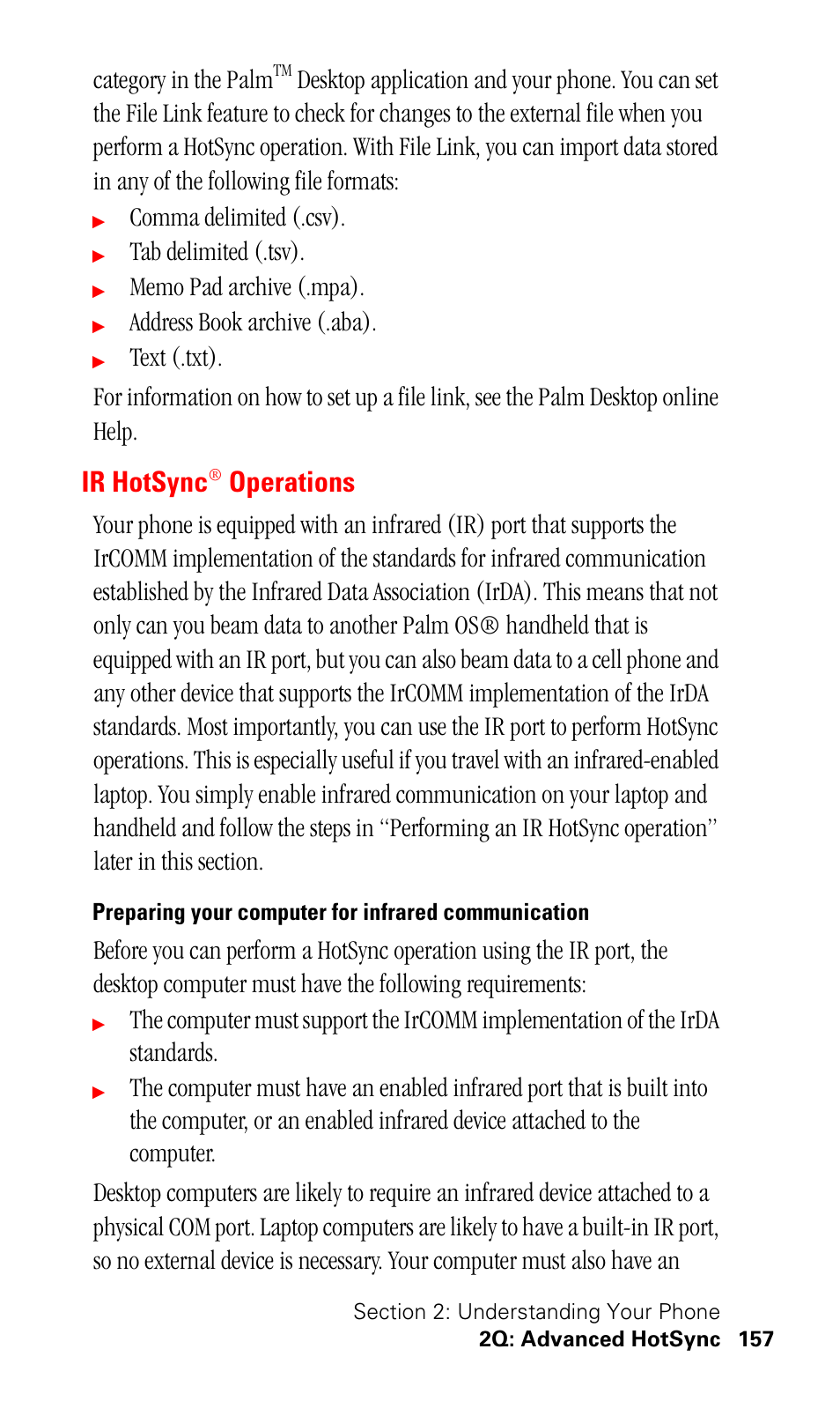 Ir hotsync® operations, Preparing your computer for infrared communication, Ir hotsync | Operations, Category in the palm, Comma delimited (.csv), Tab delimited (.tsv), Address book archive (.aba) | Samsung SPH-I500SS-XAR User Manual | Page 160 / 218