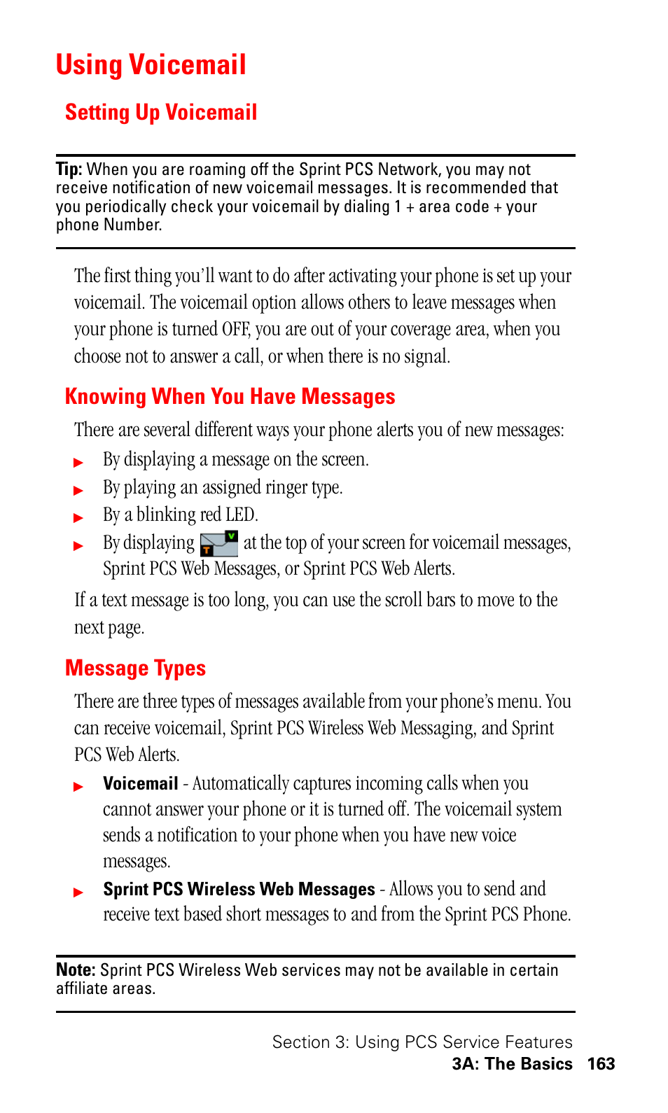 Using voicemail, Setting up voicemail, Knowing when you have messages | Message types, By displaying a message on the screen, By playing an assigned ringer type, By a blinking red led | Samsung SPH-I500SS-XAR User Manual | Page 166 / 218