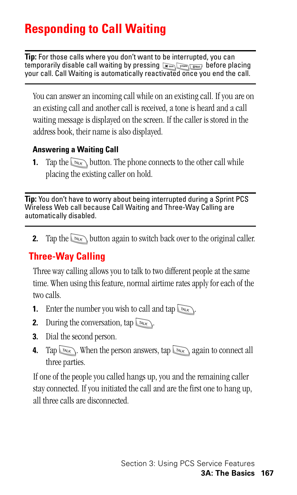 Responding to call waiting, Answering a waiting call, Three-way calling | Samsung SPH-I500SS-XAR User Manual | Page 170 / 218