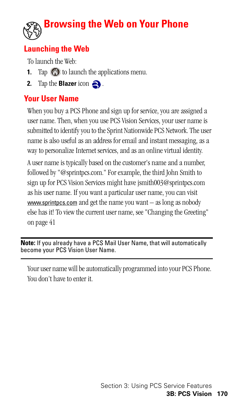Browsing the web on your phone, Launching the web, Your user name | Samsung SPH-I500SS-XAR User Manual | Page 173 / 218