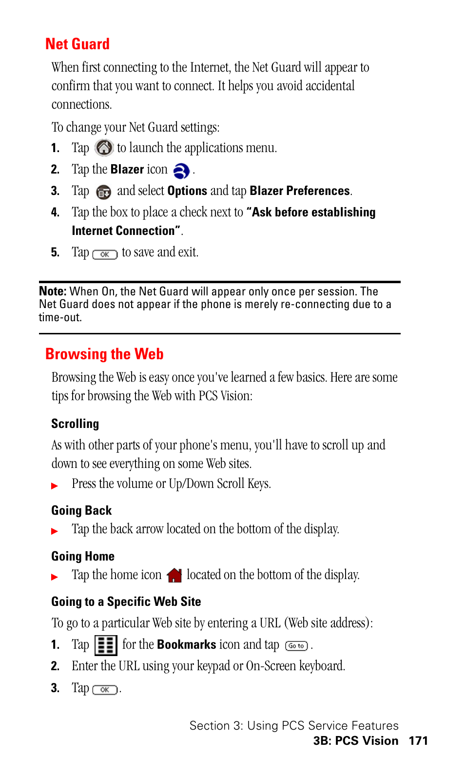 Net guard, Browsing the web, Scrolling | Going back, Going home, Going to a specific web site | Samsung SPH-I500SS-XAR User Manual | Page 174 / 218
