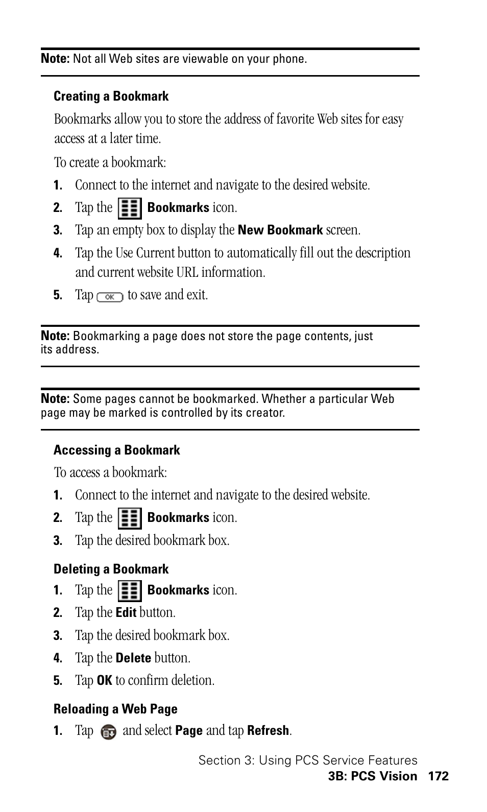 Creating a bookmark, Accessing a bookmark, Deleting a bookmark | Samsung SPH-I500SS-XAR User Manual | Page 175 / 218
