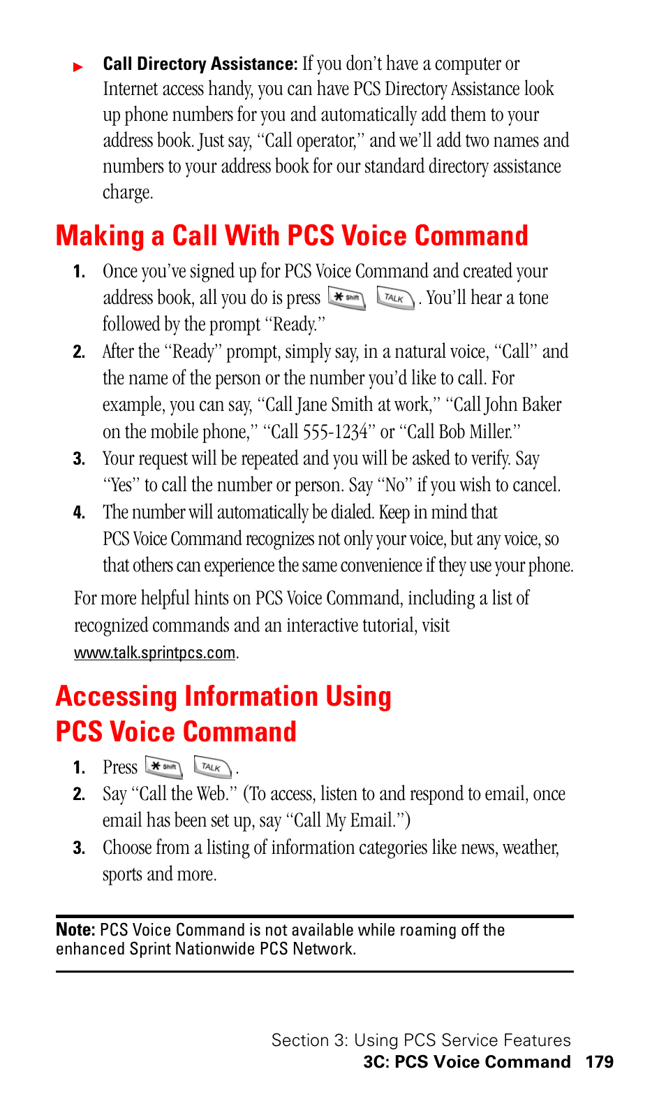 Making a call with pcs voice command, Accessing information using pcs voice command | Samsung SPH-I500SS-XAR User Manual | Page 182 / 218