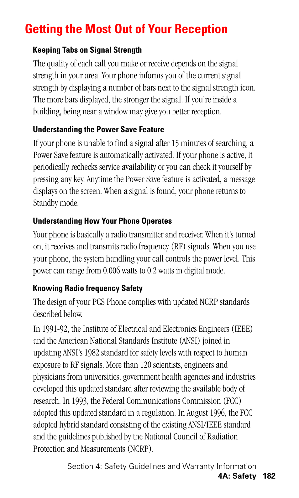 Getting the most out of your reception, Keeping tabs on signal strength, Understanding the power save feature | Understanding how your phone operates, Knowing radio frequency safety | Samsung SPH-I500SS-XAR User Manual | Page 185 / 218