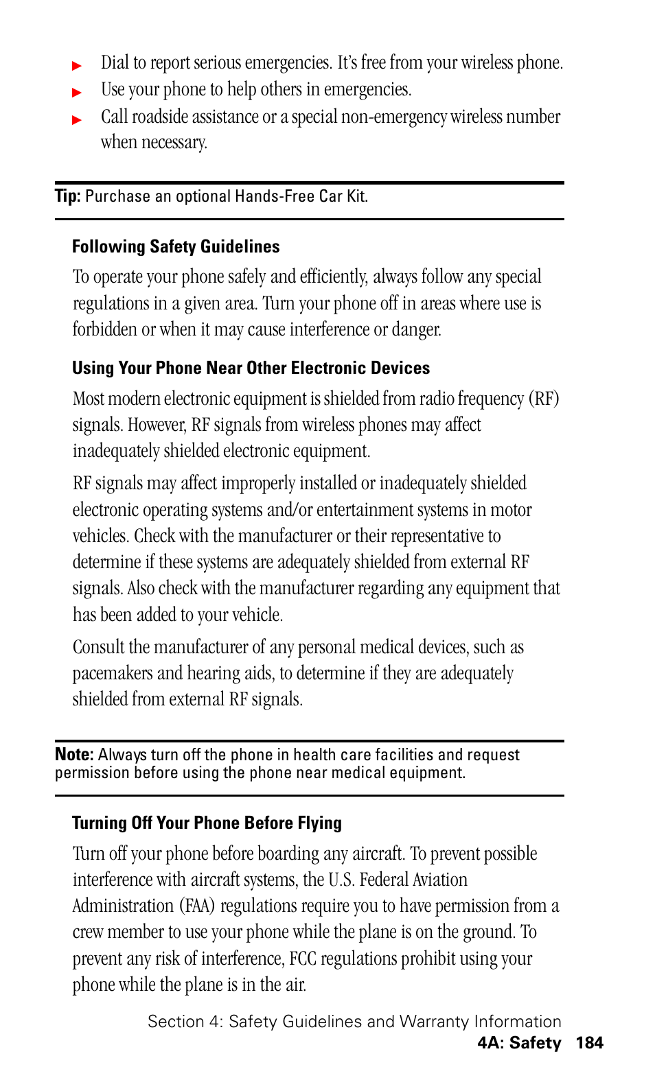 Following safety guidelines, Using your phone near other electronic devices, Turning off your phone before flying | Use your phone to help others in emergencies | Samsung SPH-I500SS-XAR User Manual | Page 187 / 218