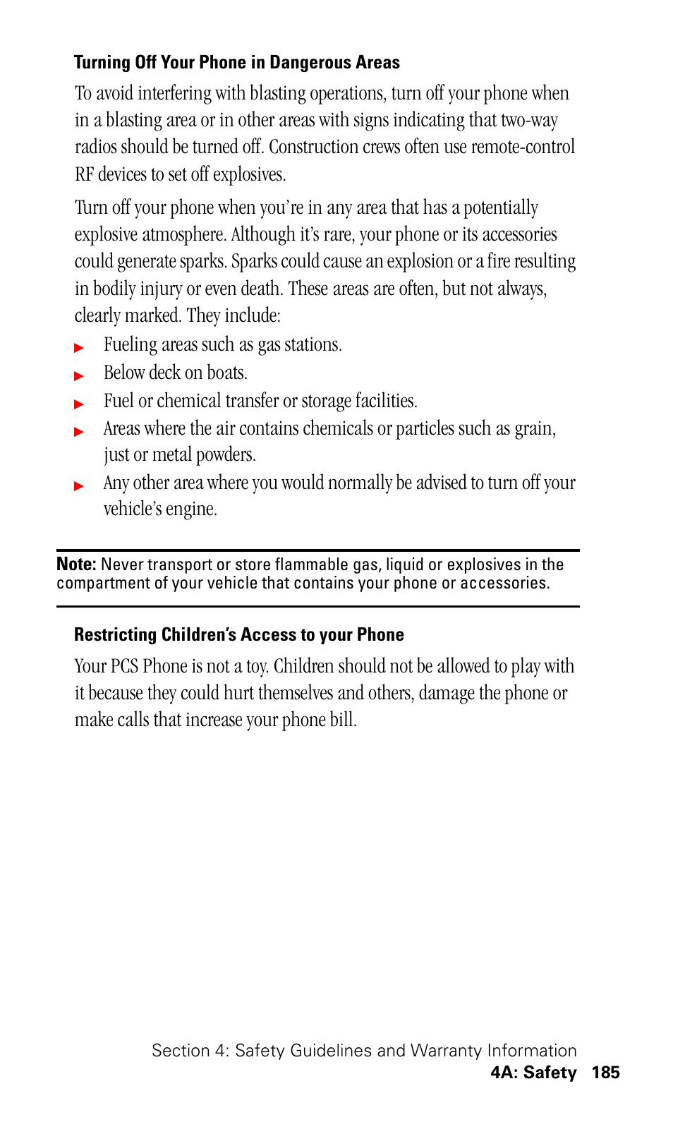 Turning off your phone in dangerous areas, Restricting children’s access to your phone, Fueling areas such as gas stations | Below deck on boats, Fuel or chemical transfer or storage facilities | Samsung SPH-I500SS-XAR User Manual | Page 188 / 218