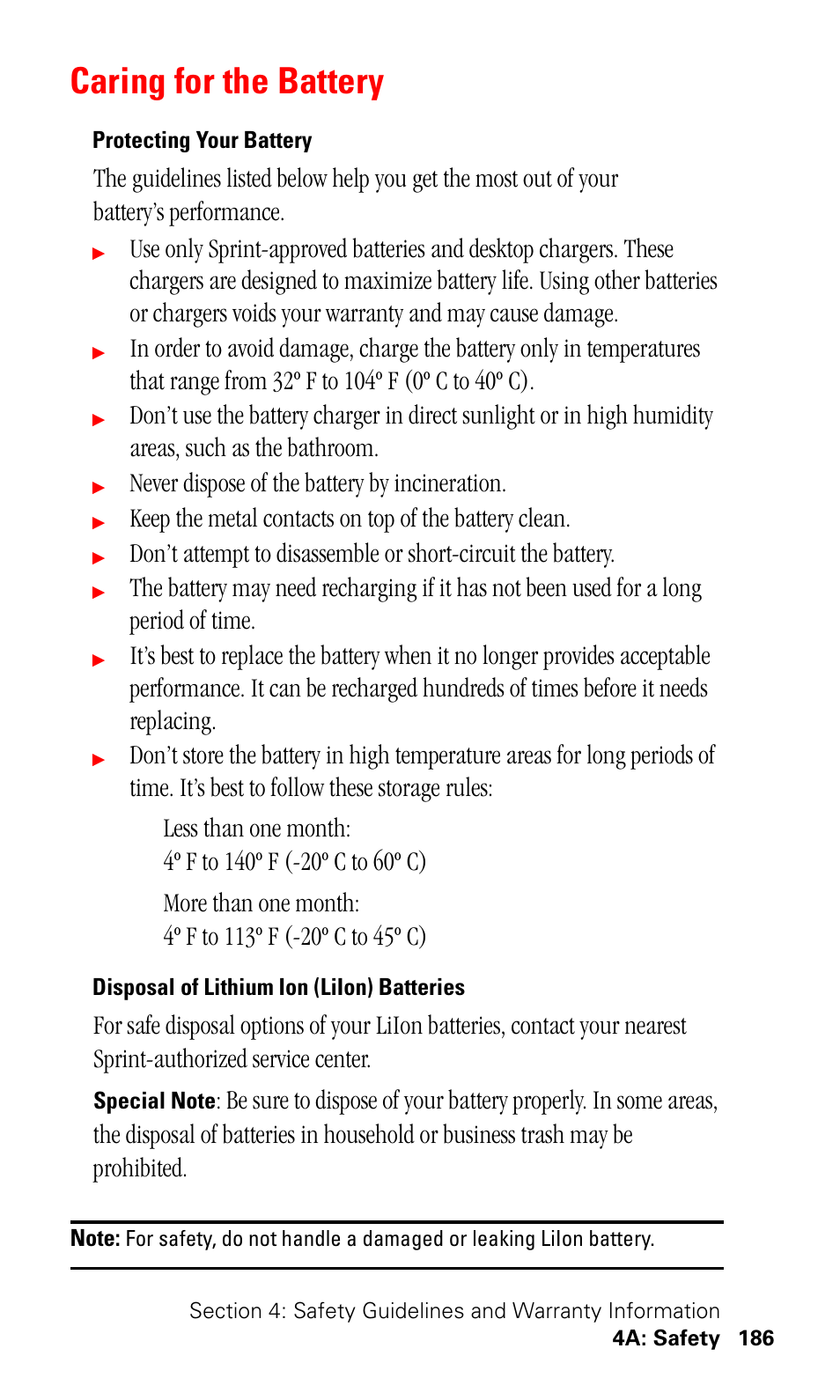 Caring for the battery, Protecting your battery, Disposal of lithium ion (liion) batteries | Never dispose of the battery by incineration | Samsung SPH-I500SS-XAR User Manual | Page 189 / 218