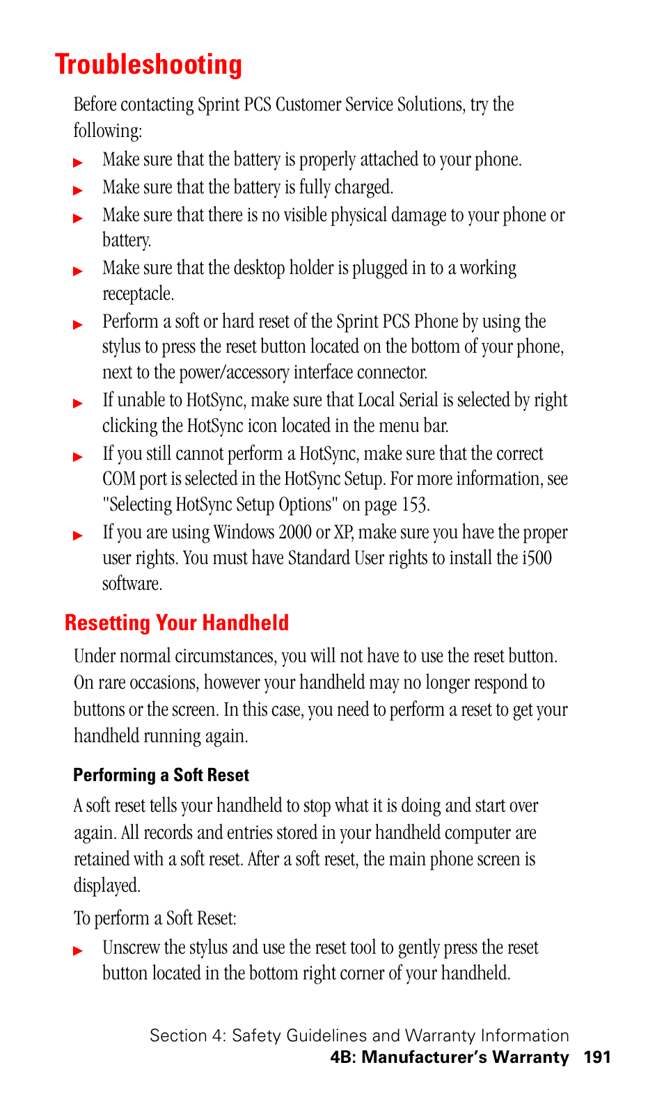 Troubleshooting, Resetting your handheld, Performing a soft reset | Make sure that the battery is fully charged | Samsung SPH-I500SS-XAR User Manual | Page 194 / 218