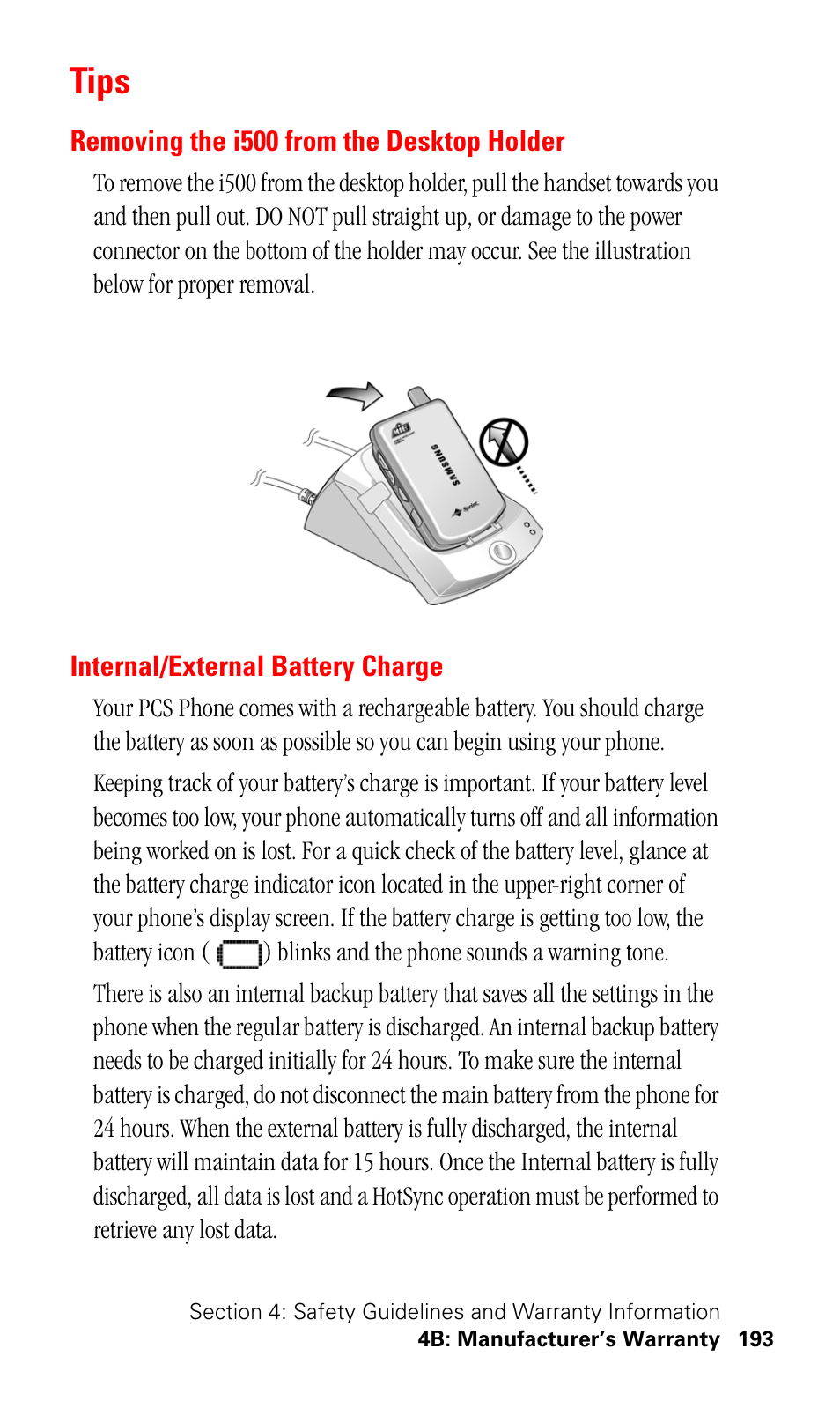 Tips, Removing the i500 from the desktop holder, Internal/external battery charge | Samsung SPH-I500SS-XAR User Manual | Page 196 / 218