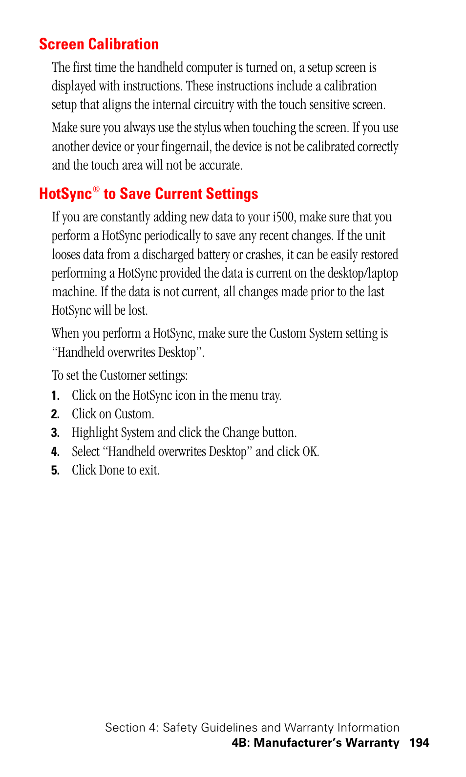 Screen calibration, Hotsync® to save current settings, Hotsync | Samsung SPH-I500SS-XAR User Manual | Page 197 / 218