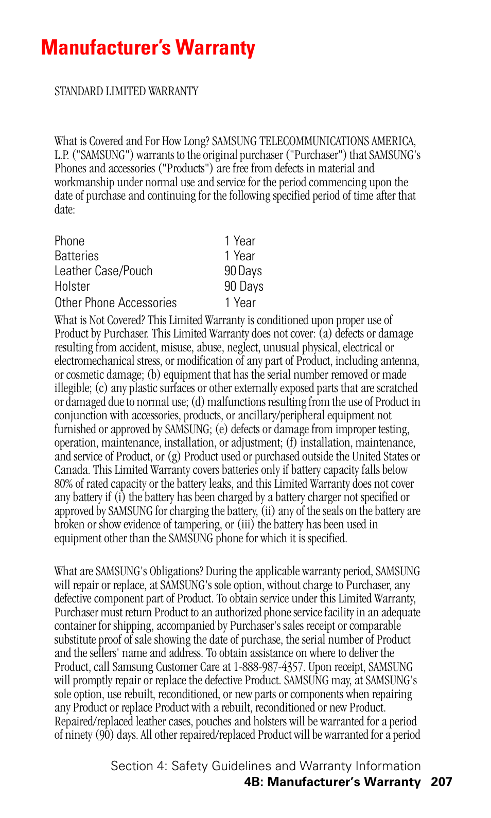 Manufacturer’s warranty | Samsung SPH-I500SS-XAR User Manual | Page 210 / 218