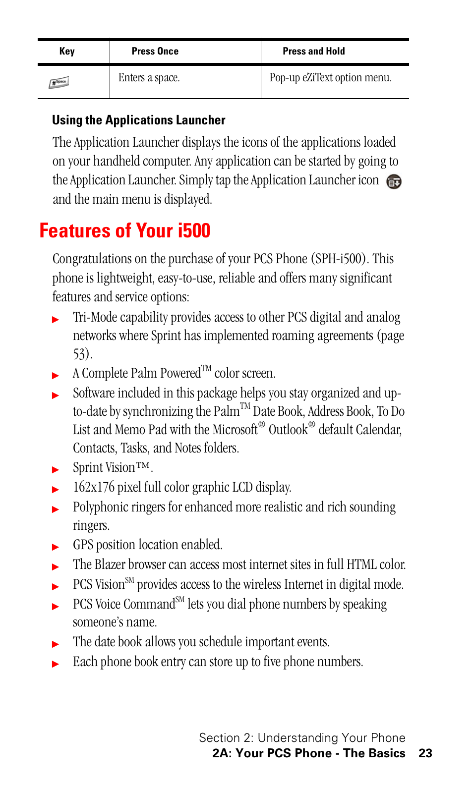Using the applications launcher, Features of your i500, A complete palm powered | Color screen, Outlook, Sprint vision, Gps position location enabled, Pcs vision, Pcs voice command, The date book allows you schedule important events | Samsung SPH-I500SS-XAR User Manual | Page 26 / 218