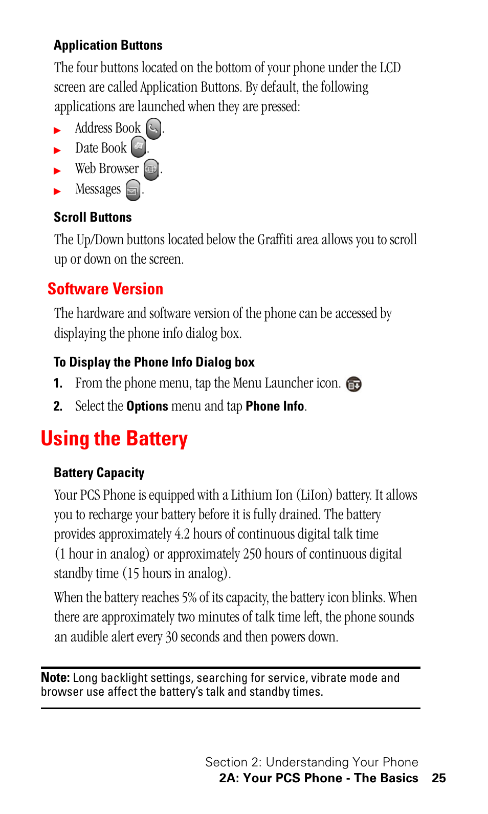 Application buttons, Scroll buttons, Software version | To display the phone info dialog box, Using the battery, Battery capacity | Samsung SPH-I500SS-XAR User Manual | Page 28 / 218