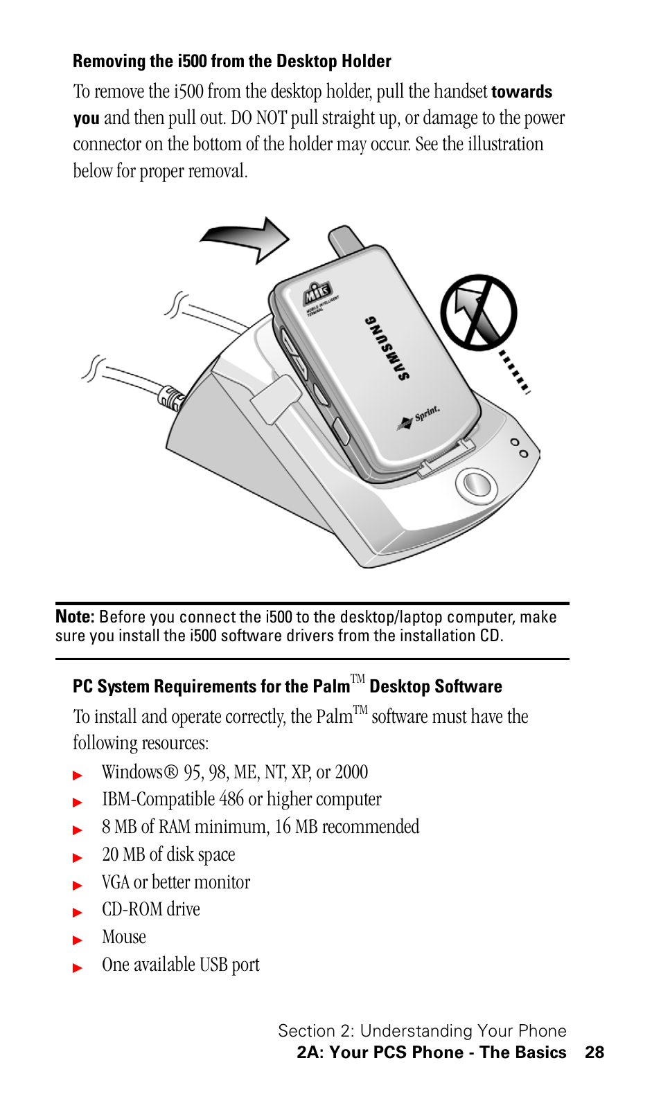 Removing the i500 from the desktop holder, Software must have the following resources, Ibm-compatible 486 or higher computer | 8 mb of ram minimum, 16 mb recommended, 20 mb of disk space, Vga or better monitor, Cd-rom drive, Mouse, One available usb port | Samsung SPH-I500SS-XAR User Manual | Page 31 / 218
