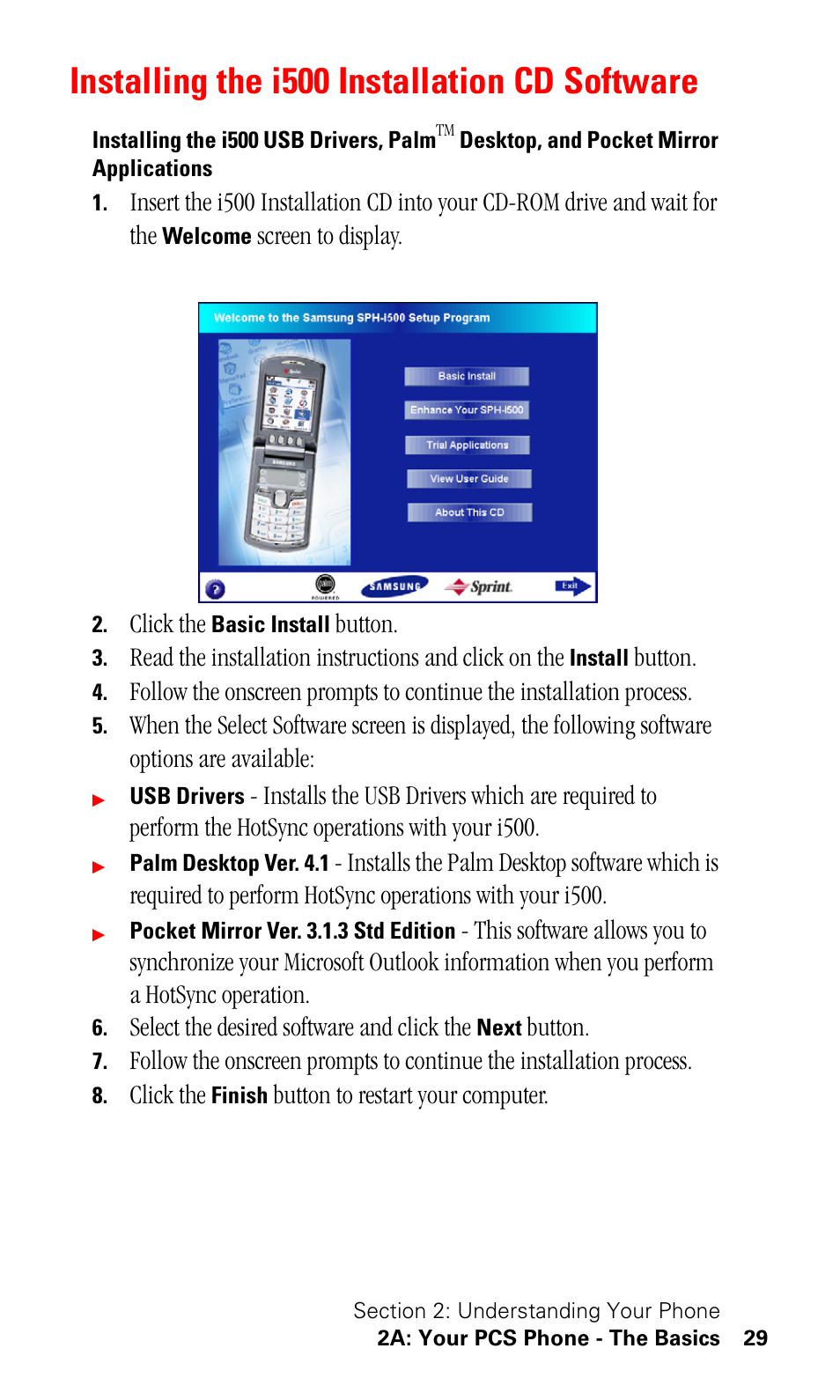 Installing the i500 installation cd software | Samsung SPH-I500SS-XAR User Manual | Page 32 / 218