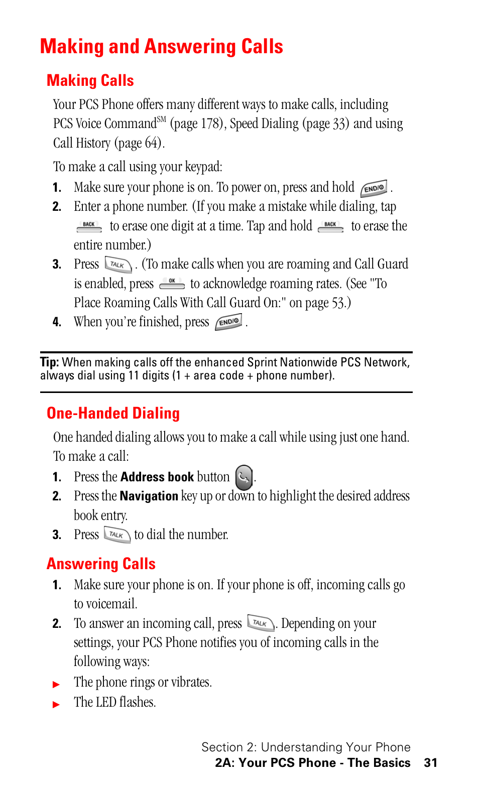 Making and answering calls, Making calls, One-handed dialing | Answering calls | Samsung SPH-I500SS-XAR User Manual | Page 34 / 218