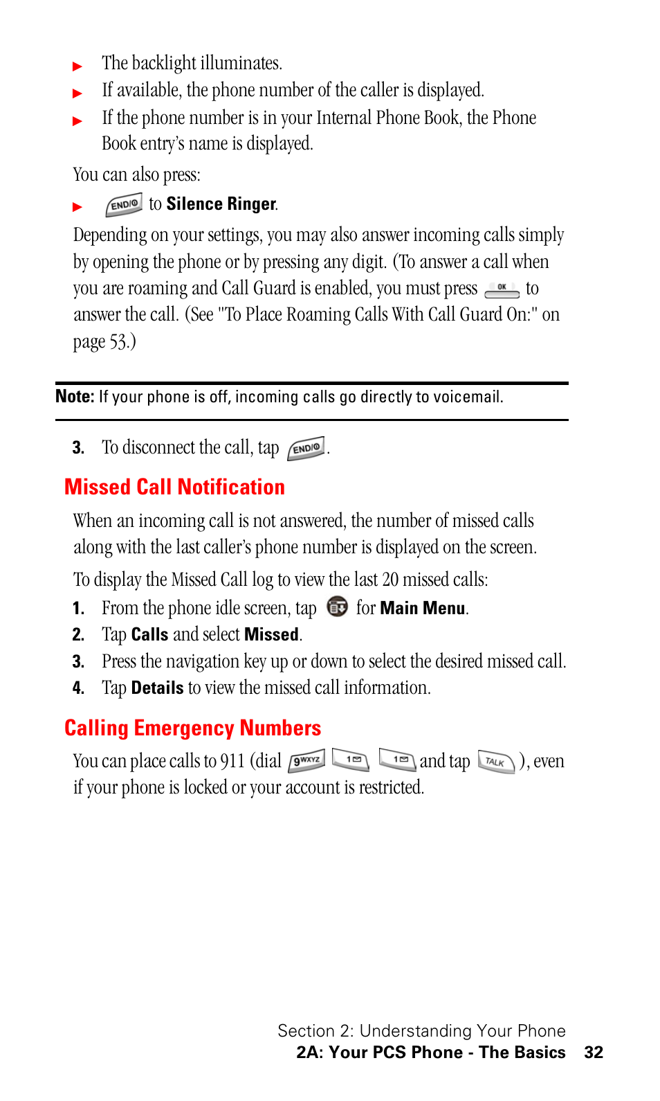 Missed call notification, Calling emergency numbers | Samsung SPH-I500SS-XAR User Manual | Page 35 / 218
