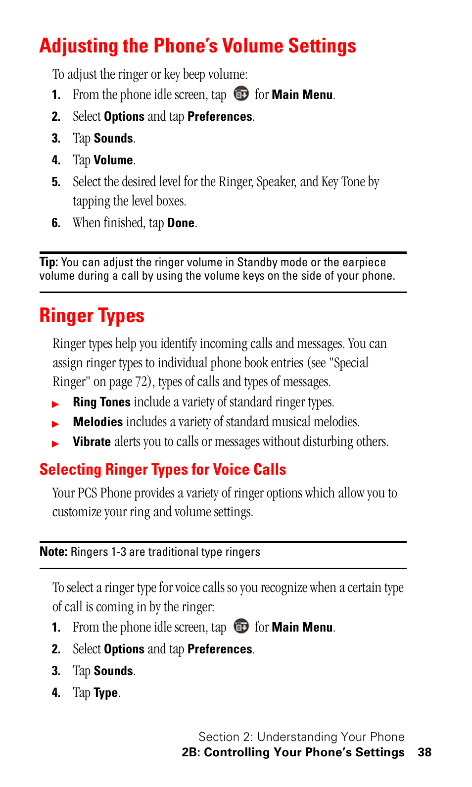 Adjusting the phone’s volume settings, Ringer types, Selecting ringer types for voice calls | Samsung SPH-I500SS-XAR User Manual | Page 41 / 218