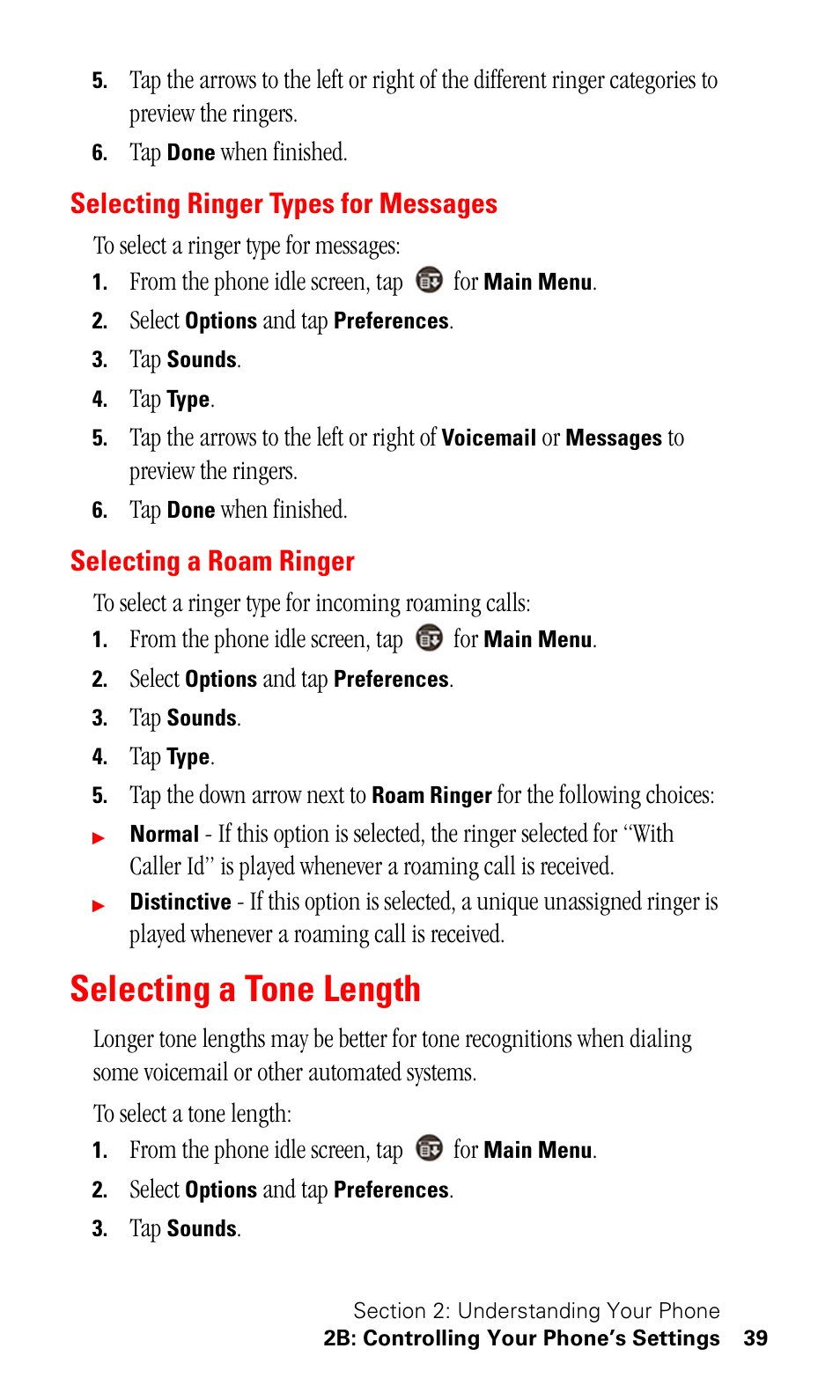 Selecting ringer types for messages, Selecting a roam ringer, Selecting a tone length | Samsung SPH-I500SS-XAR User Manual | Page 42 / 218