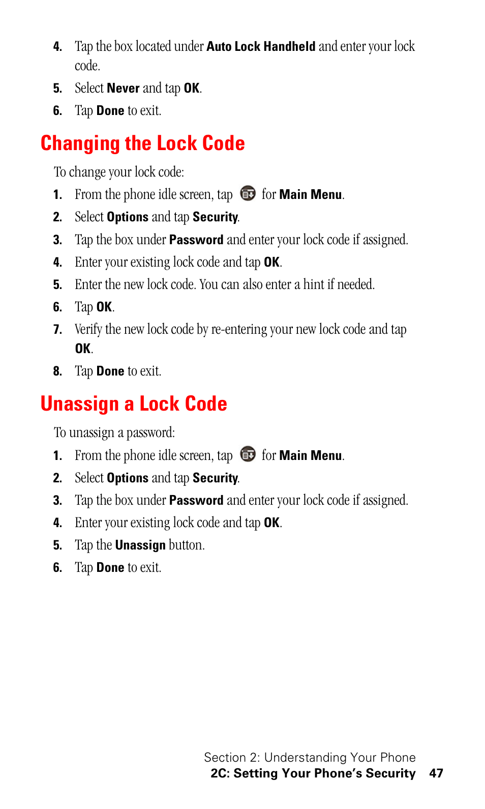 Changing the lock code, Unassign a lock code | Samsung SPH-I500SS-XAR User Manual | Page 50 / 218