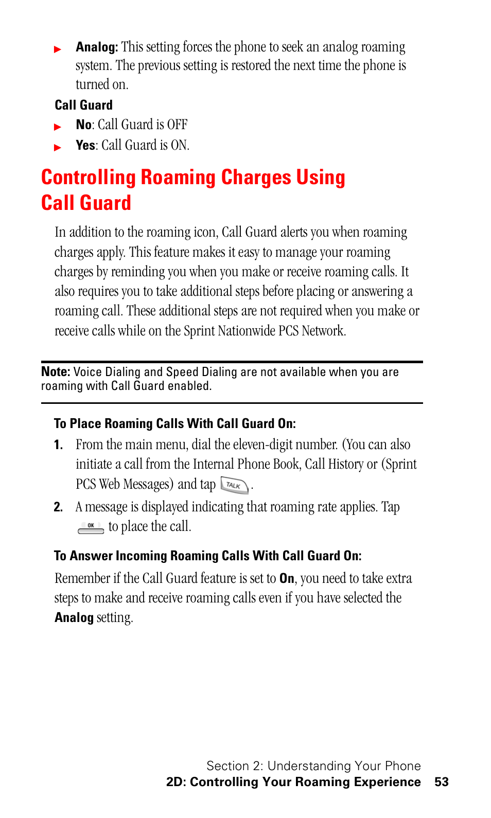 Controlling roaming charges using call guard, To place roaming calls with call guard on, To acknowledge roaming rates. (see "to | Samsung SPH-I500SS-XAR User Manual | Page 56 / 218