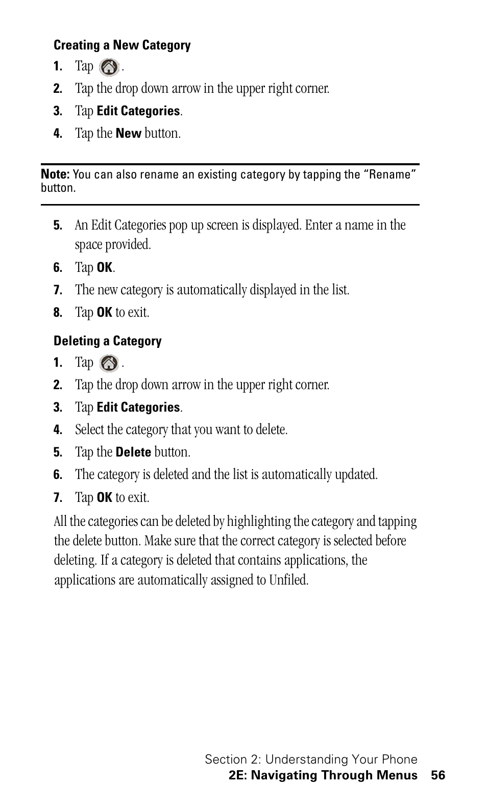 Creating a new category, Deleting a category | Samsung SPH-I500SS-XAR User Manual | Page 59 / 218