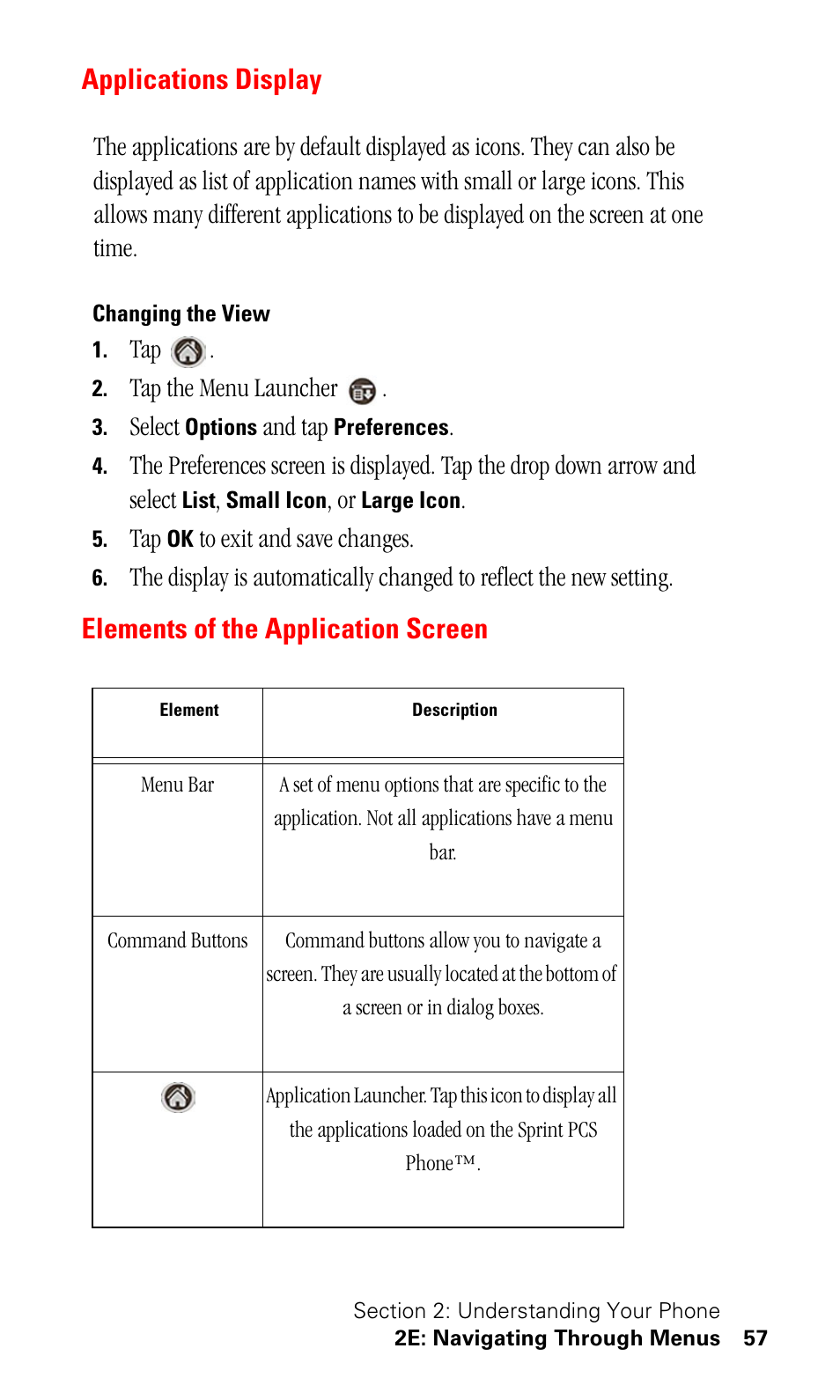 Applications display, Changing the view, Elements of the application screen | Samsung SPH-I500SS-XAR User Manual | Page 60 / 218