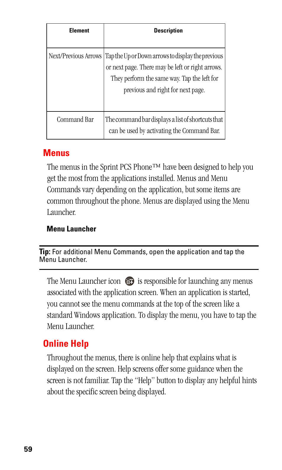 Menus, Menu launcher, Online help | Samsung SPH-I500SS-XAR User Manual | Page 62 / 218