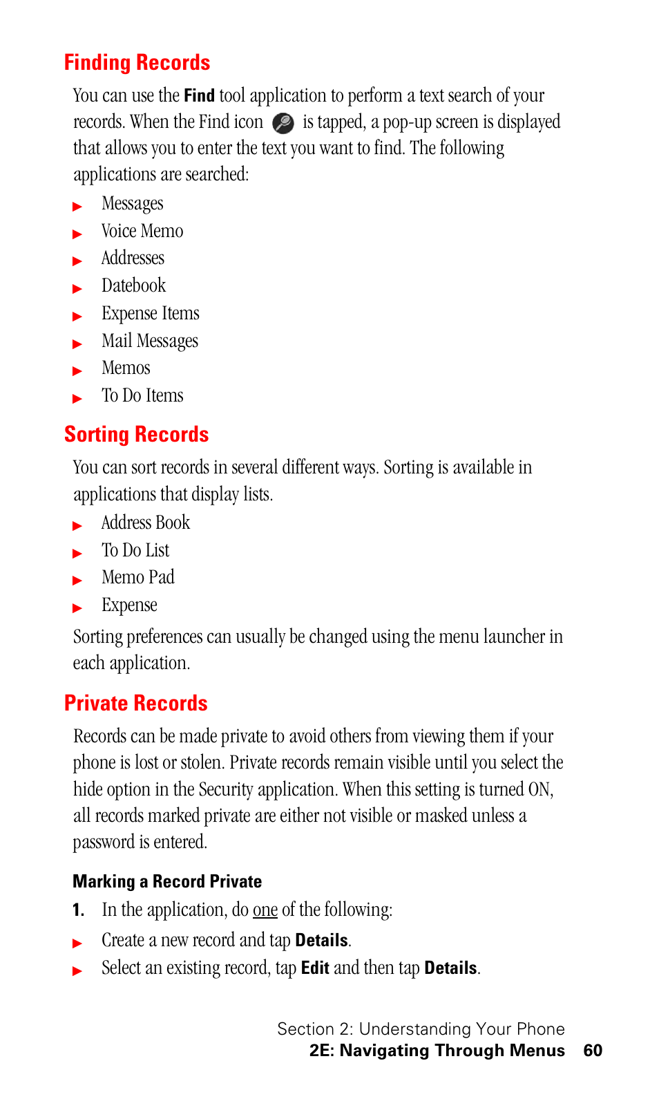 Finding records, Sorting records, Private records | Marking a record private, You can use the, Messages, Addresses, Datebook, Expense items, Mail messages | Samsung SPH-I500SS-XAR User Manual | Page 63 / 218